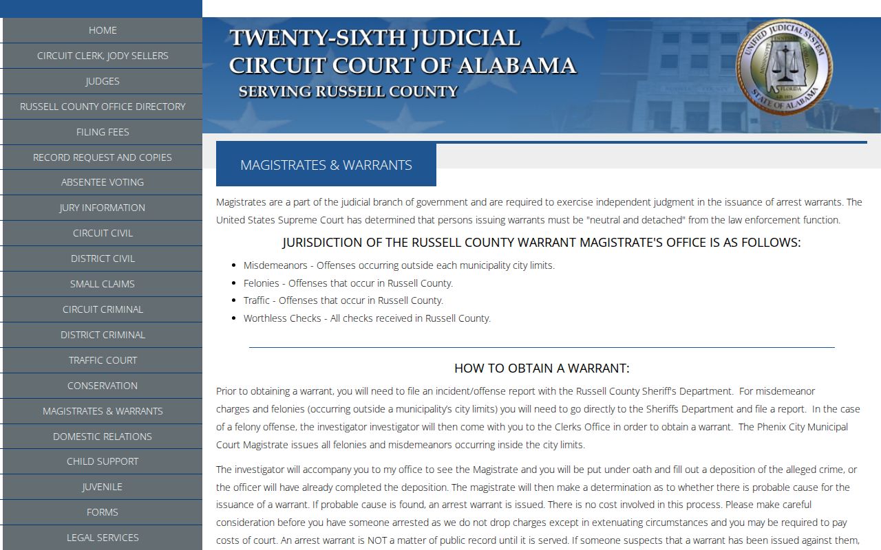 Russell County official magistrates and arrest warrant guidance
