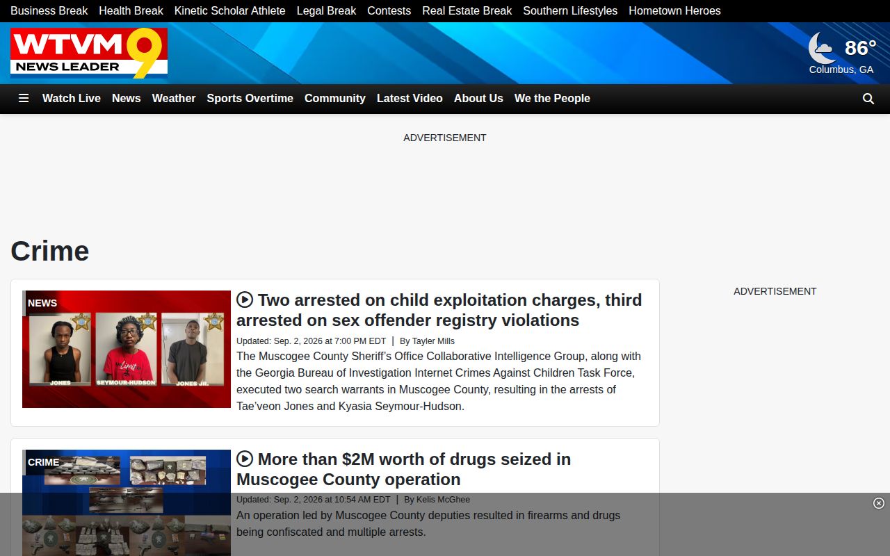 WTVM regional crime news section covering Russell County and Phenix City events