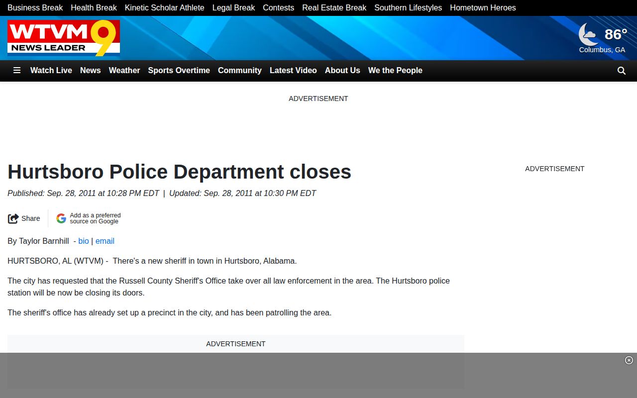 WTVM report describing Russell County Sheriff law enforcement coverage in Hurtsboro