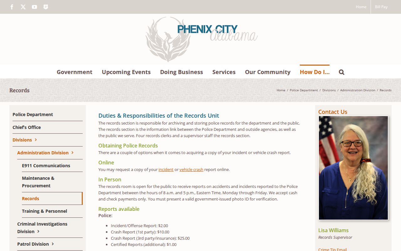 Phenix City Police Records request page with official contact and report access information