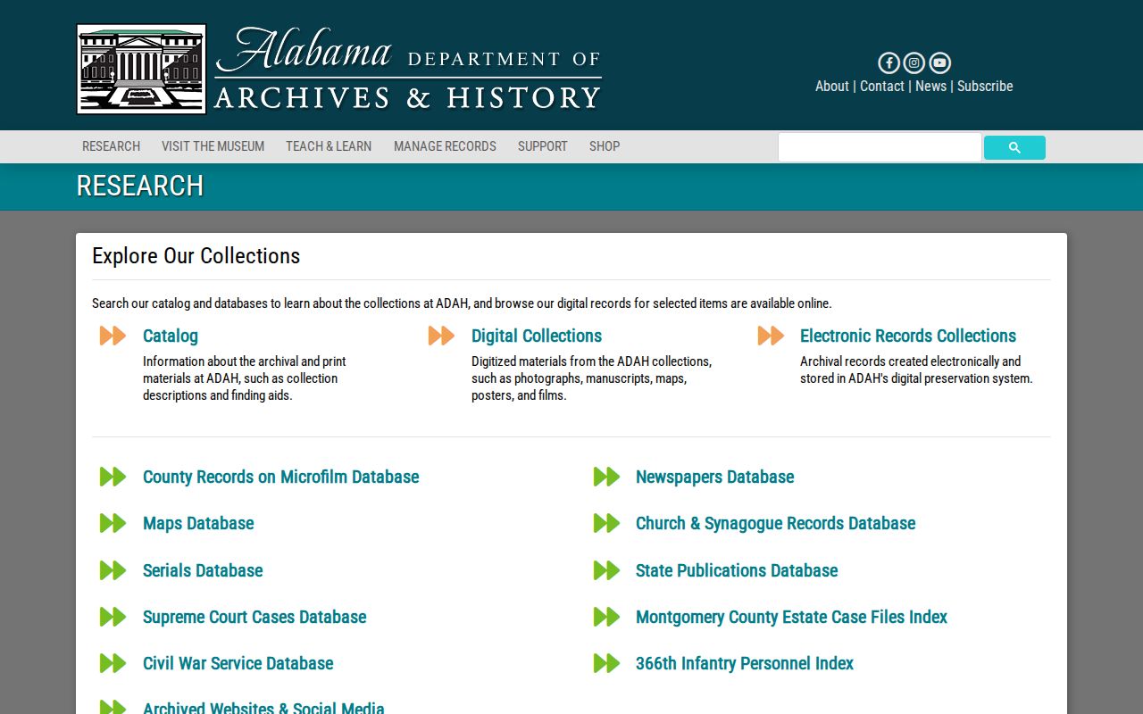 Alabama Department of Archives and History research portal